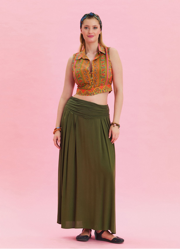 Khaki Bohemian Skirt with Elastic Waist and Drape Detail 4494